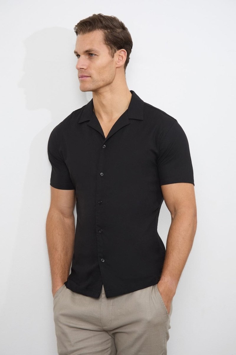Linen Blend Cuban Collar Shirt in Black - TAILORED ATHLETE - USA