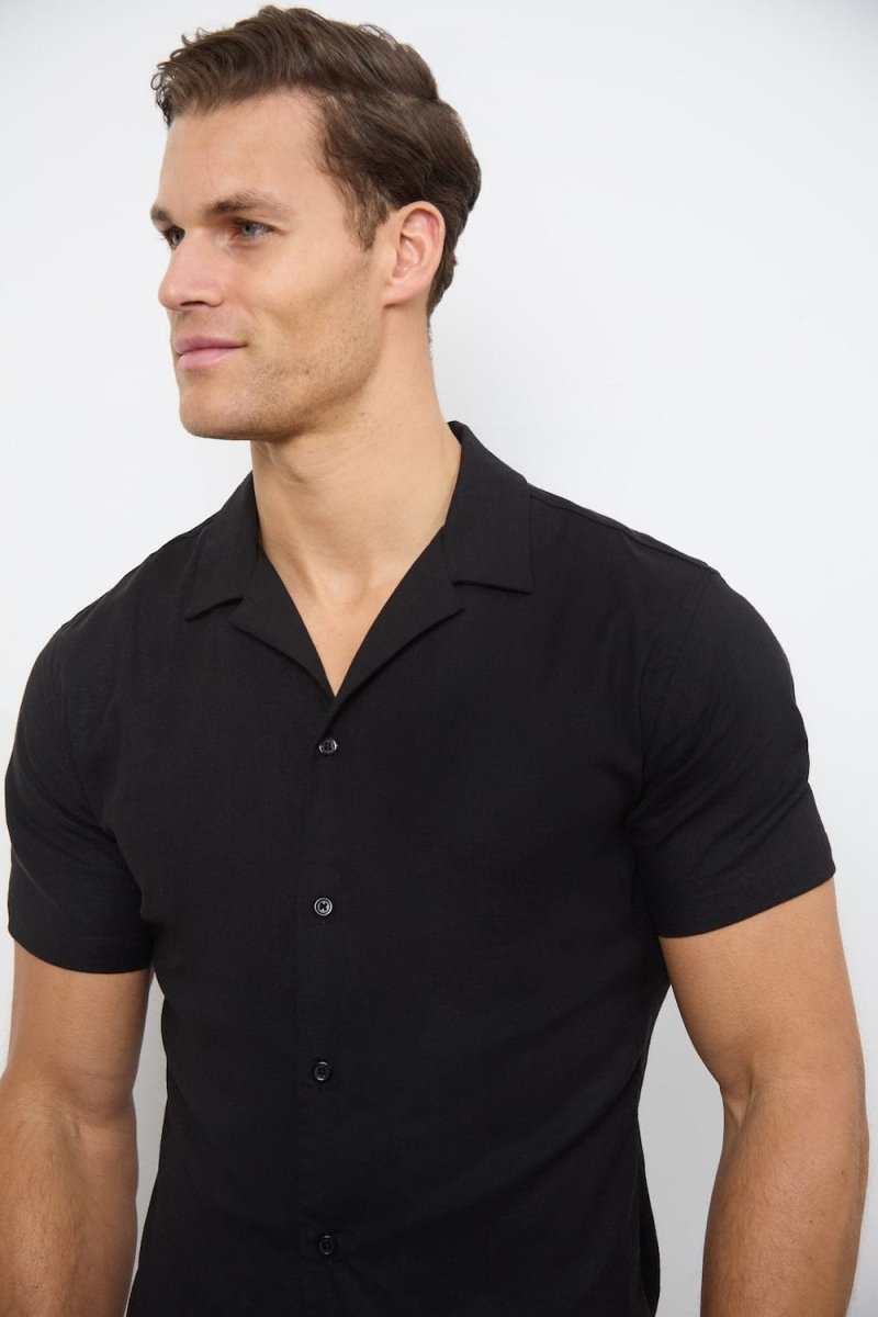 Linen Blend Cuban Collar Shirt in Black - TAILORED ATHLETE - USA