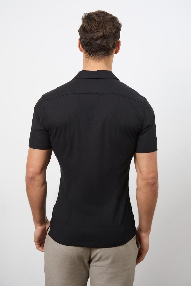 Linen Blend Cuban Collar Shirt in Black - TAILORED ATHLETE - USA