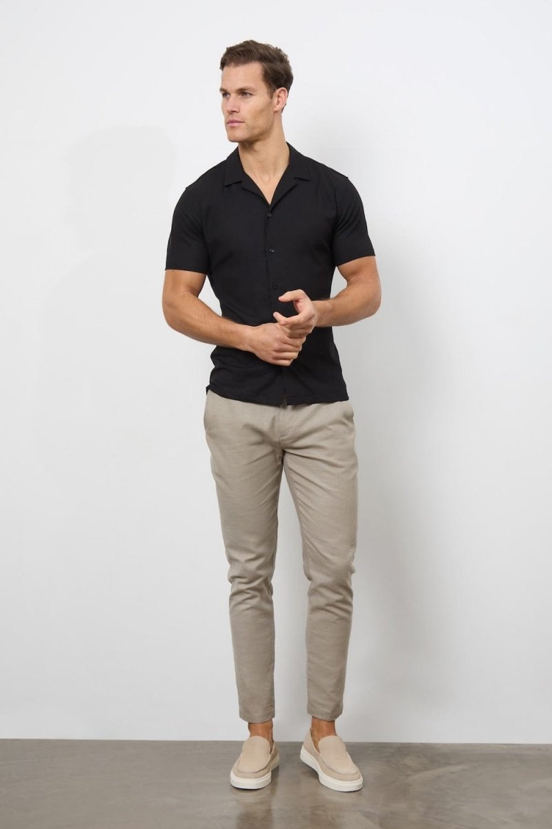 Linen Blend Cuban Collar Shirt in Black - TAILORED ATHLETE - USA