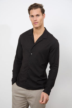Linen Blend Cuban Collar Shirt in Black - TAILORED ATHLETE - USA