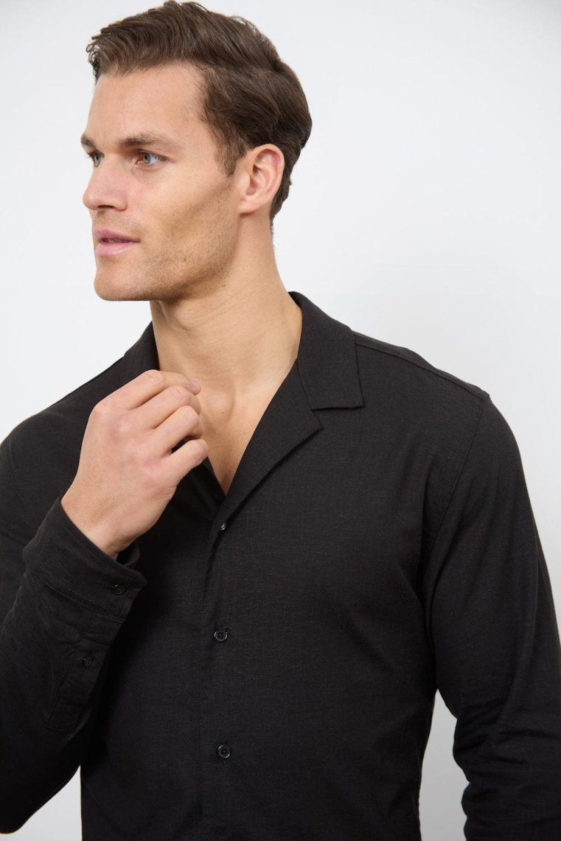 Linen Blend Cuban Collar Shirt in Black - TAILORED ATHLETE - USA