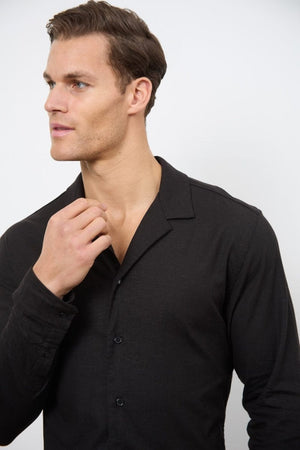 Linen Blend Cuban Collar Shirt in Black - TAILORED ATHLETE - USA