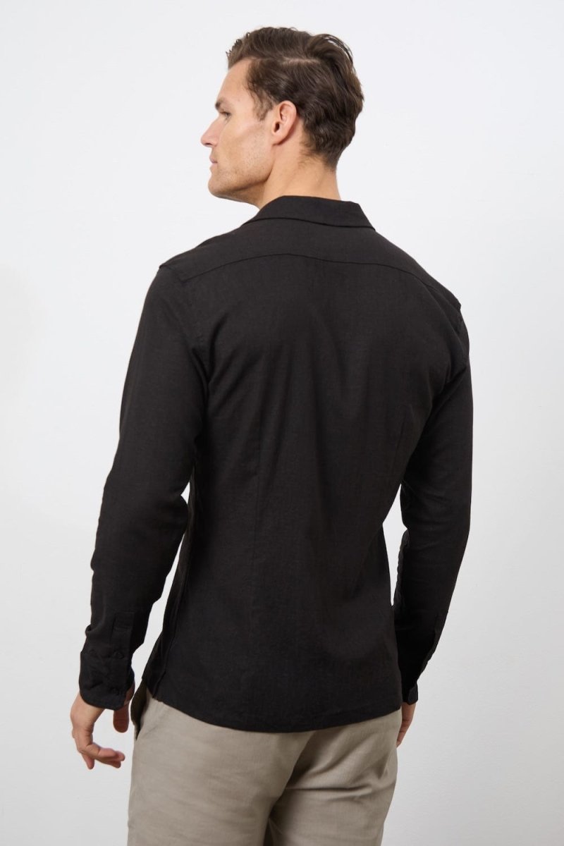 Linen Blend Cuban Collar Shirt in Black - TAILORED ATHLETE - USA