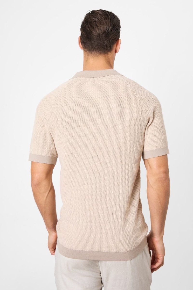Contrast Textured Knitted Polo Shirt in Stone - TAILORED ATHLETE - USA