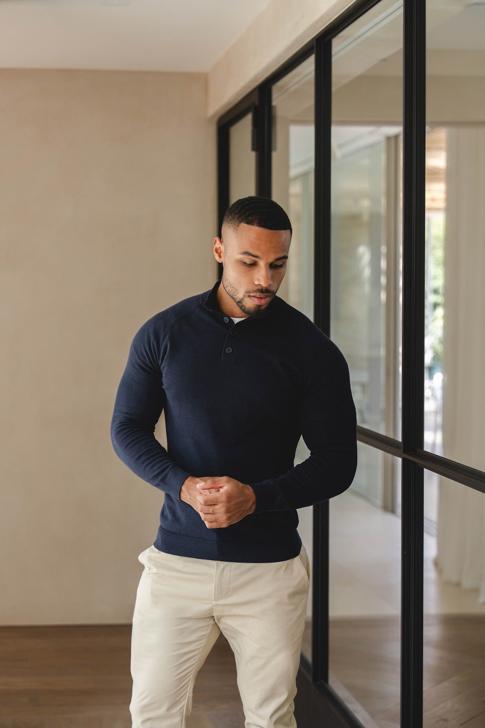 Pure Cotton Knitted Button Neck Sweater in Navy - TAILORED ATHLETE - USA