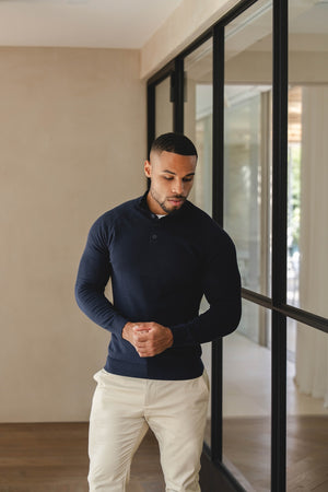 Pure Cotton Knitted Button Neck Sweater in Navy - TAILORED ATHLETE - USA