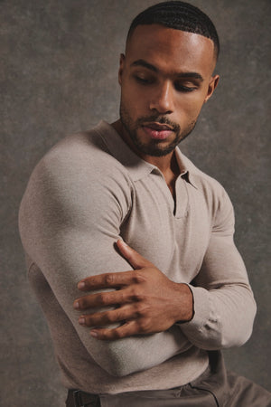 Pure Cotton Knitted Open Collar Polo Shirt in Neutral Marl - TAILORED ATHLETE - USA