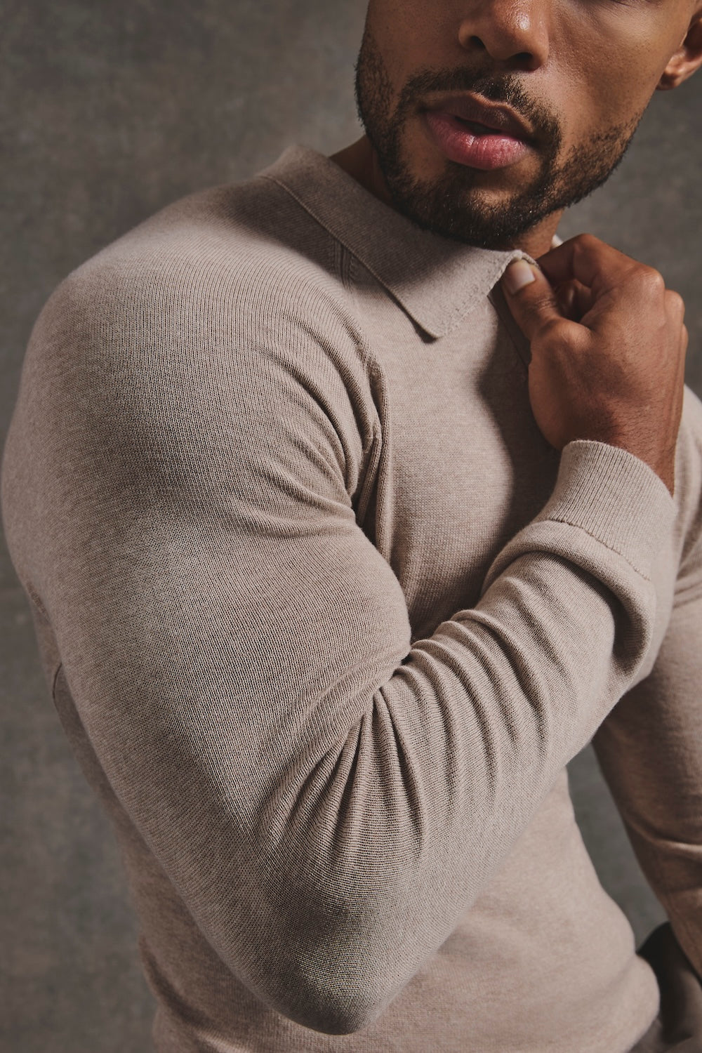 Pure Cotton Knitted Open Collar Polo Shirt in Neutral Marl - TAILORED ATHLETE - USA