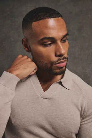 Pure Cotton Knitted Open Collar Polo Shirt in Neutral Marl - TAILORED ATHLETE - USA