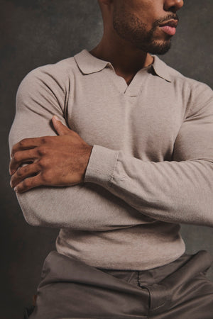 Pure Cotton Knitted Open Collar Polo Shirt in Neutral Marl - TAILORED ATHLETE - USA