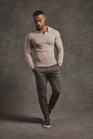 Pure Cotton Knitted Open Collar Polo Shirt in Neutral Marl - TAILORED ATHLETE - USA