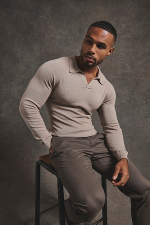 Pure Cotton Knitted Open Collar Polo Shirt in Neutral Marl - TAILORED ATHLETE - USA