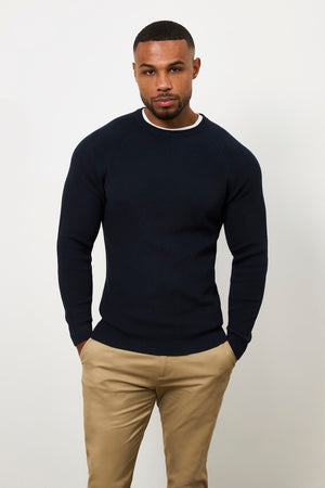 Pure Cotton Knitted Textured Crew Neck Sweater in Navy - TAILORED ATHLETE - USA