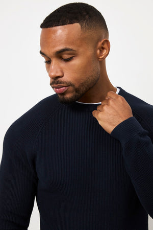 Pure Cotton Knitted Textured Crew Neck Sweater in Navy - TAILORED ATHLETE - USA