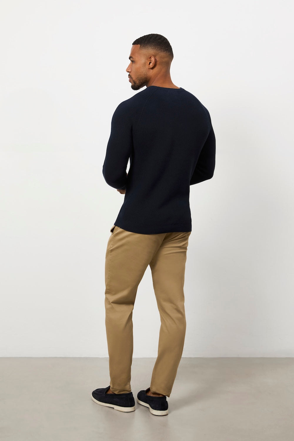 Pure Cotton Knitted Textured Crew Neck Sweater in Navy - TAILORED ATHLETE - USA