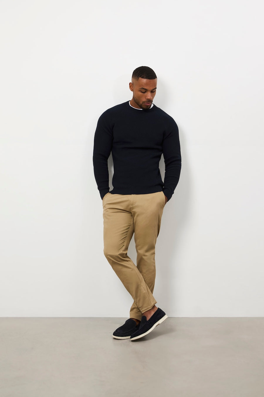 Pure Cotton Knitted Textured Crew Neck Sweater in Navy - TAILORED ATHLETE - USA