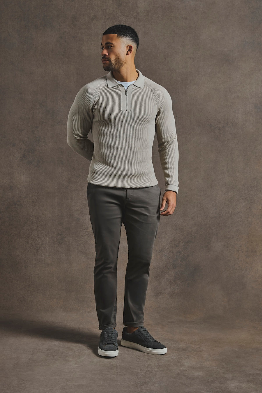 Cotton Textured Knitted Half Zip Polo Shirt in Stone - TAILORED ATHLETE - USA