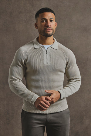 Cotton Textured Knitted Half Zip Polo Shirt in Stone - TAILORED ATHLETE - USA