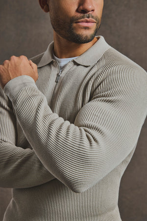 Cotton Textured Knitted Half Zip Polo Shirt in Stone - TAILORED ATHLETE - USA