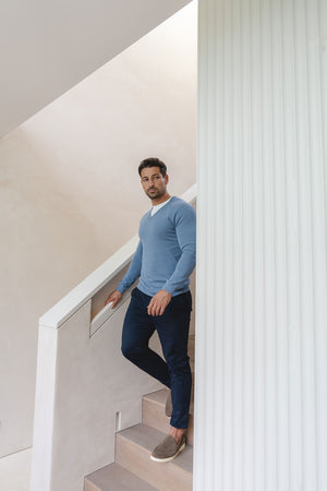 Pure Cotton Knitted V-Neck Sweater in Airforce Blue - TAILORED ATHLETE - USA