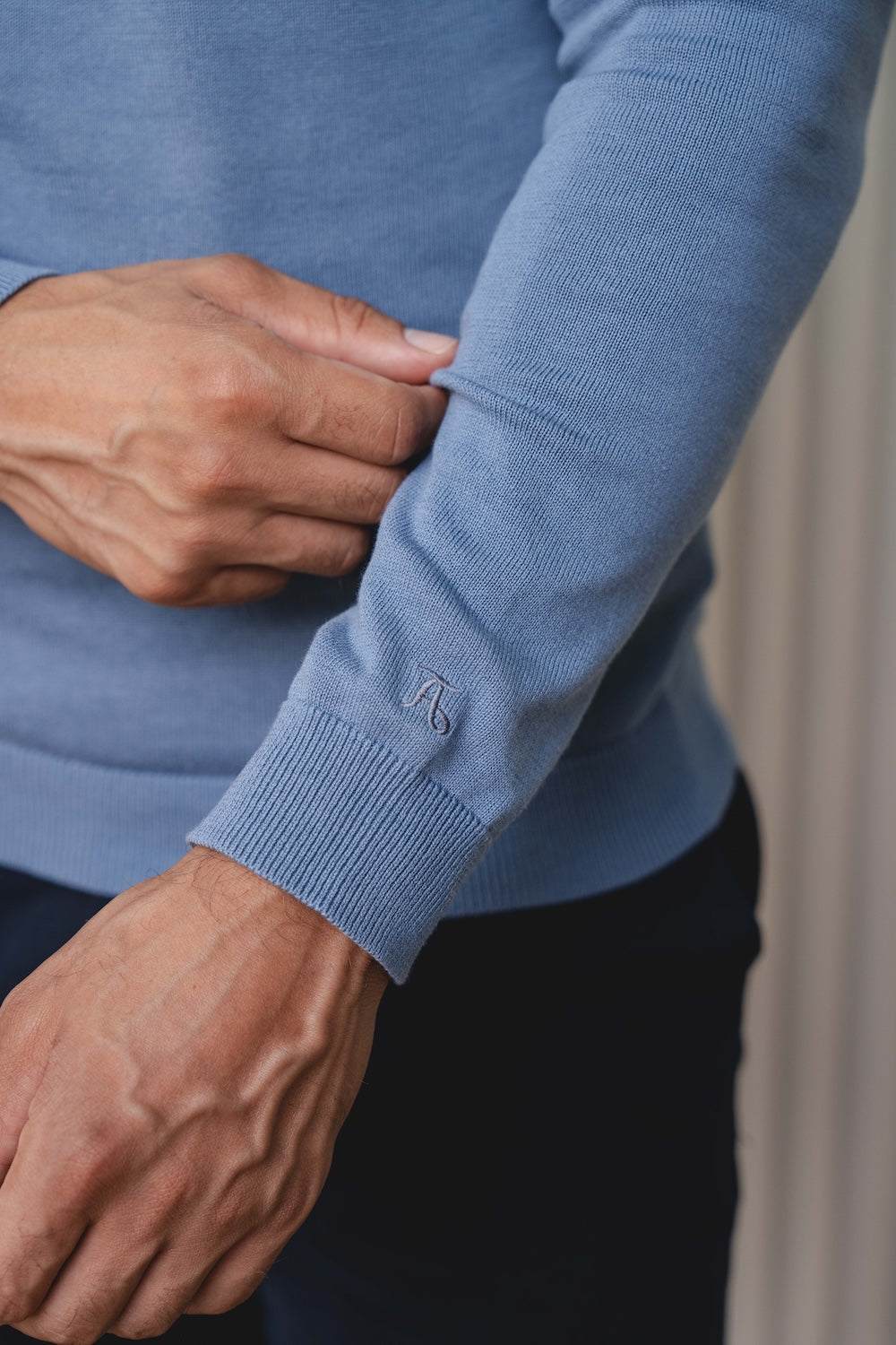 Pure Cotton Knitted V-Neck Sweater in Airforce Blue - TAILORED ATHLETE - USA