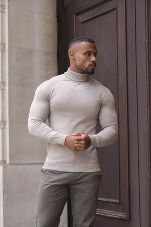 Cotton Blend Roll Neck Sweater in Neutral Marl - TAILORED ATHLETE - USA