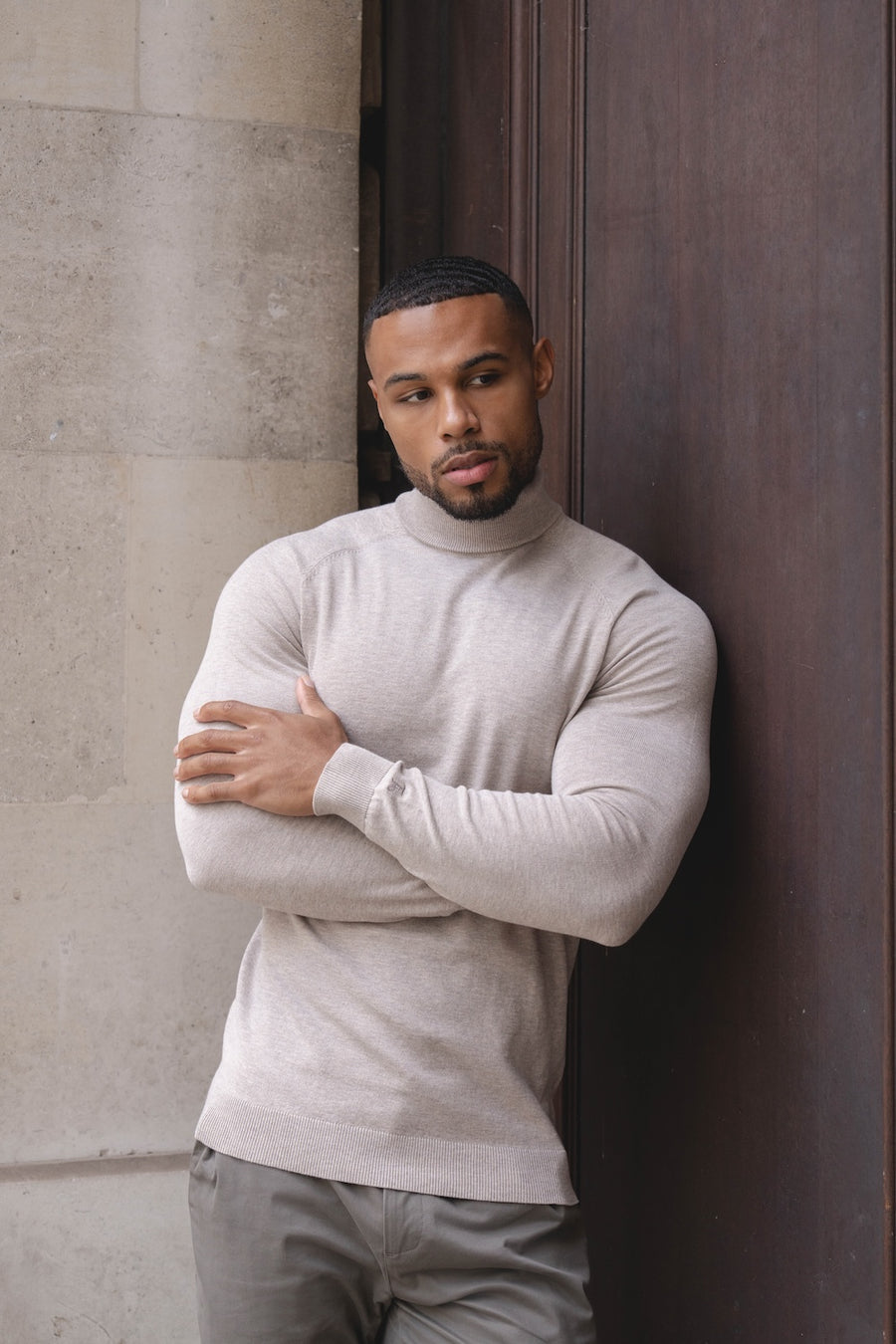 Cotton Blend Roll Neck Sweater in Neutral Marl - TAILORED ATHLETE - USA