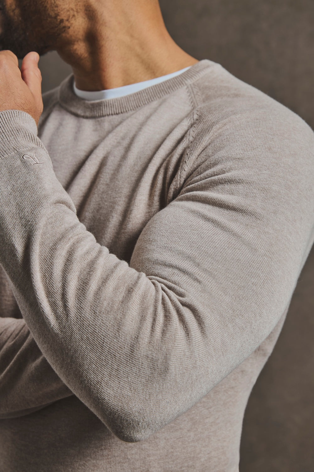 Pure Cotton Knitted Crew Neck Sweater in Neutral Marl - TAILORED ATHLETE - USA