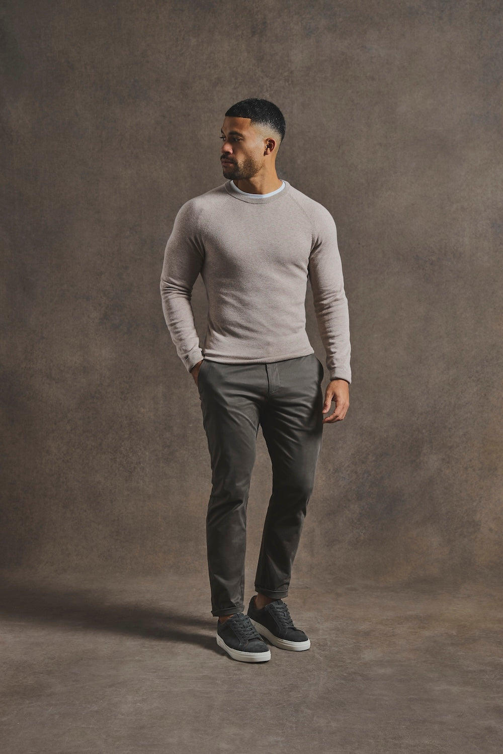Pure Cotton Knitted Crew Neck Sweater in Neutral Marl - TAILORED ATHLETE - USA