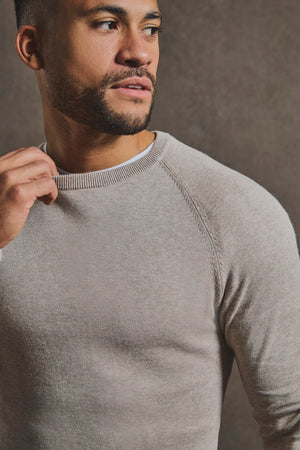 Pure Cotton Knitted Crew Neck Sweater in Neutral Marl - TAILORED ATHLETE - USA