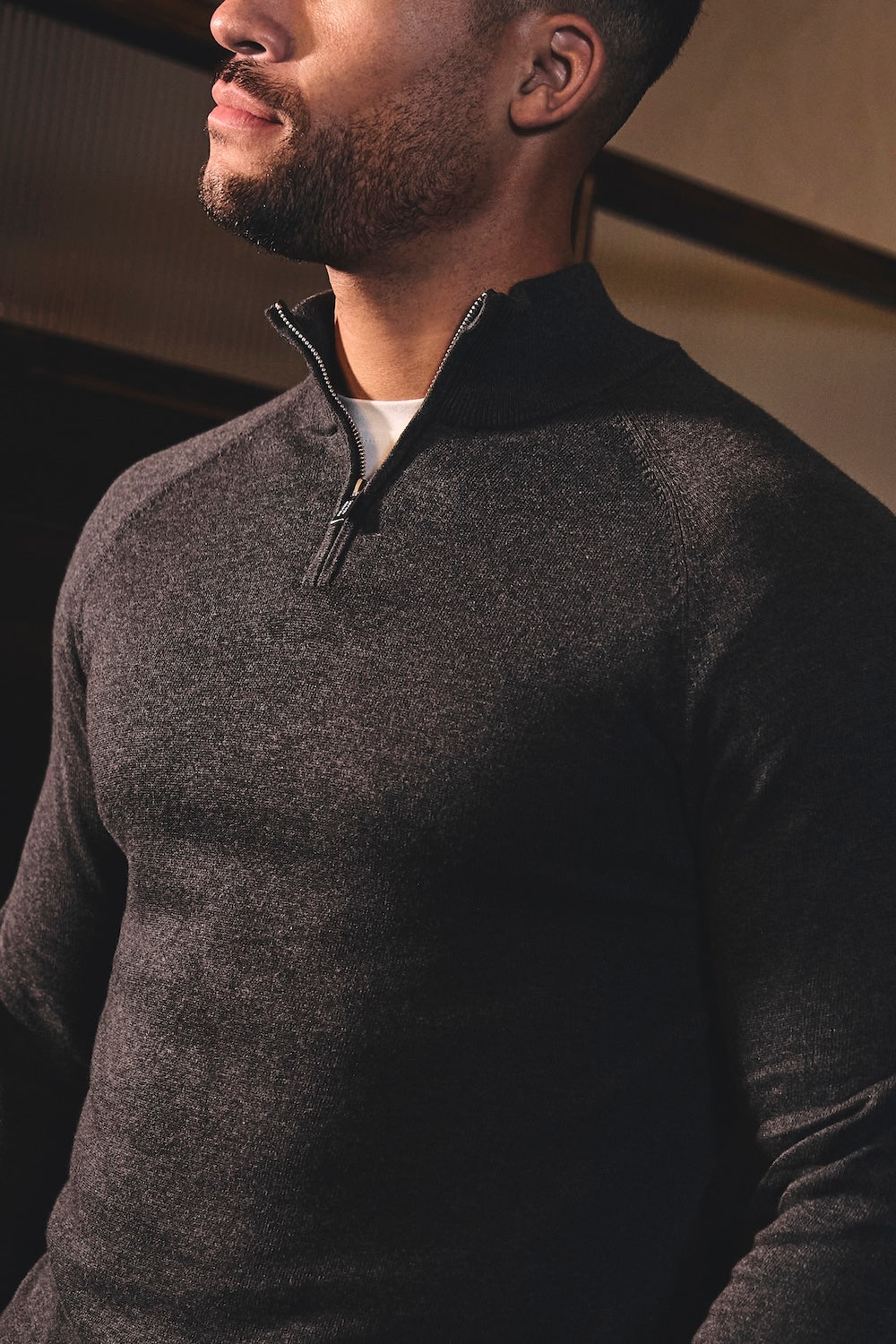 Pure Cotton Knitted Half Zip Neck Sweater in Dark Charcoal Marl - TAILORED ATHLETE - USA