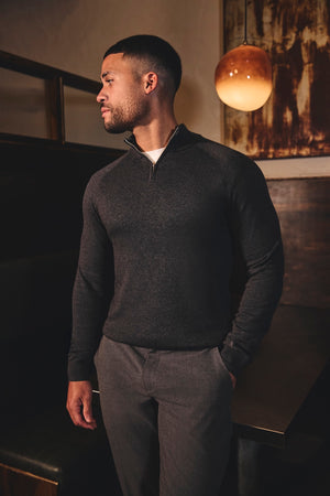 Pure Cotton Knitted Half Zip Neck Sweater in Dark Charcoal Marl - TAILORED ATHLETE - USA