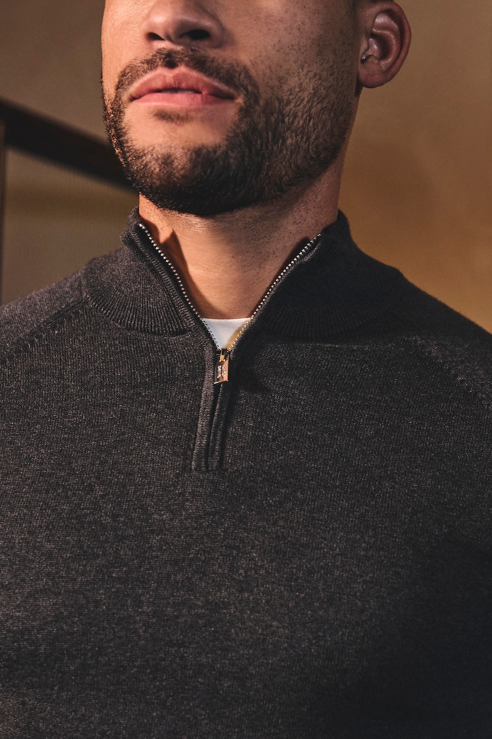 Pure Cotton Knitted Half Zip Neck Sweater in Dark Charcoal Marl - TAILORED ATHLETE - USA