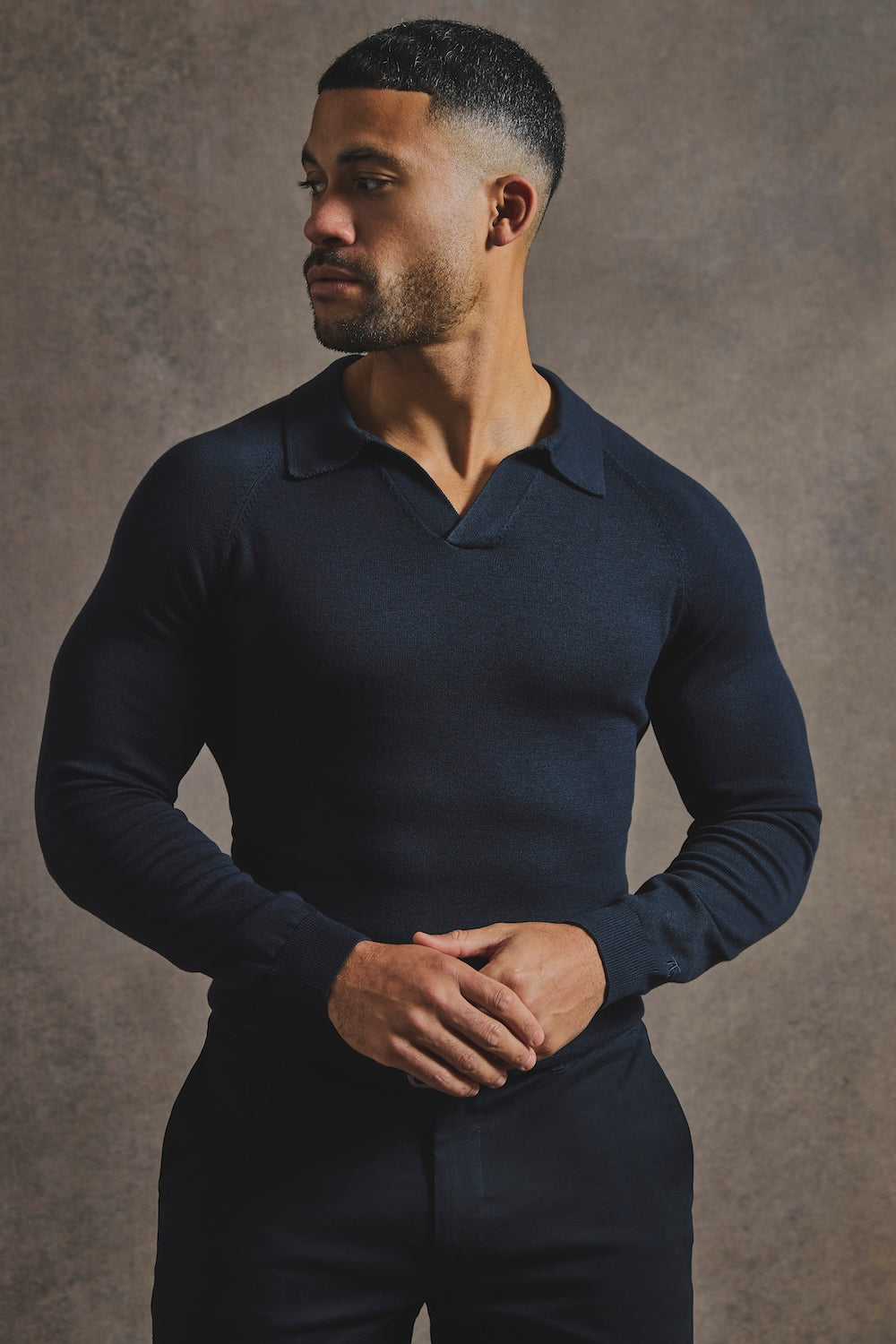 Pure Cotton Knitted Open Collar Polo Shirt in Navy - TAILORED ATHLETE - USA