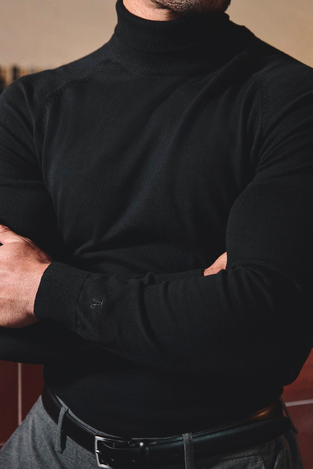 Cotton Blend Roll Neck Sweater in Black - TAILORED ATHLETE - USA