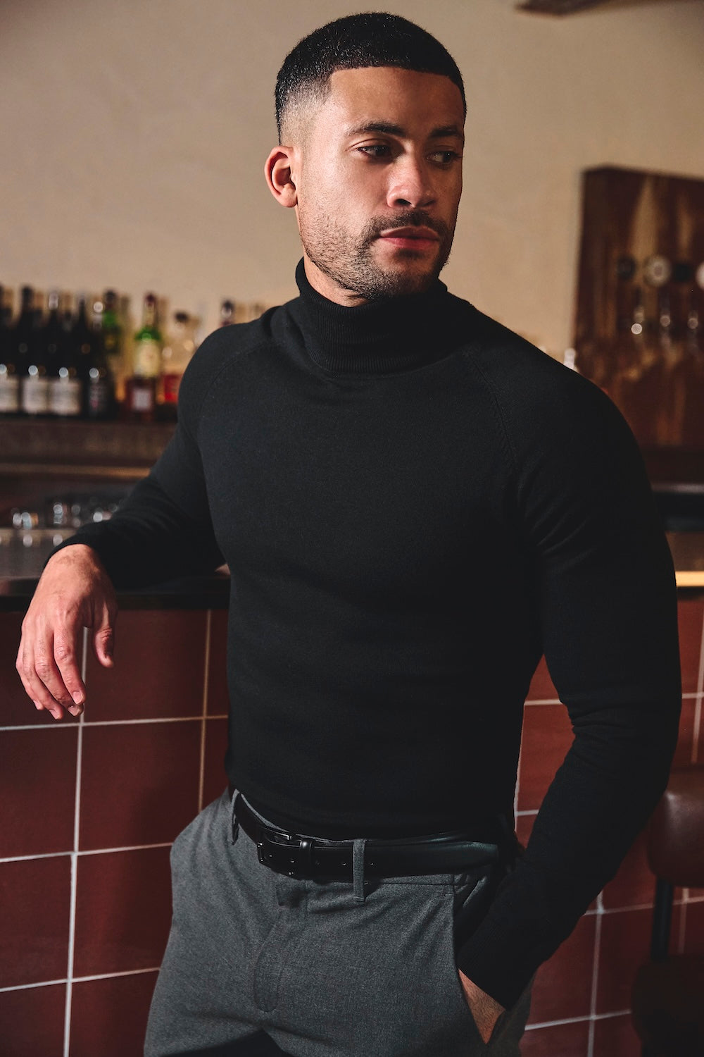 Cotton Blend Roll Neck Sweater in Black - TAILORED ATHLETE - USA