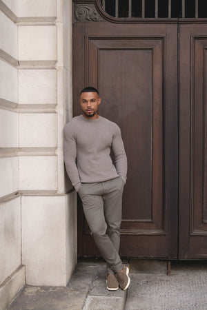 Pure Cotton Knitted Textured Crew Neck Sweater in Brown Marl - TAILORED ATHLETE - USA