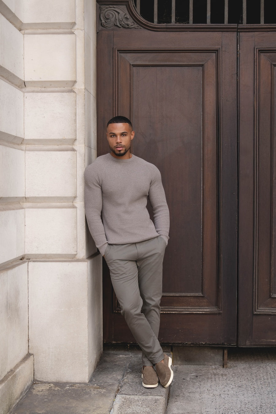 Pure Cotton Knitted Textured Crew Neck Sweater in Brown Marl - TAILORED ATHLETE - USA