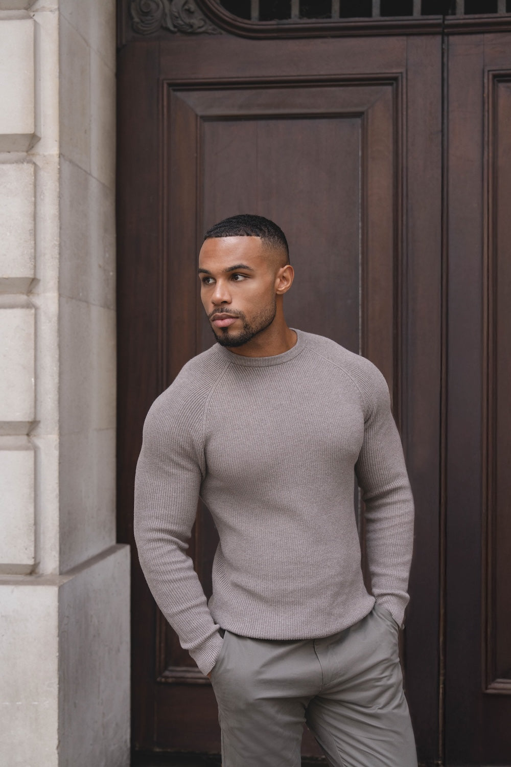 Pure Cotton Knitted Textured Crew Neck Sweater in Brown Marl - TAILORED ATHLETE - USA
