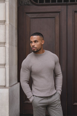 Pure Cotton Knitted Textured Crew Neck Sweater in Brown Marl - TAILORED ATHLETE - USA