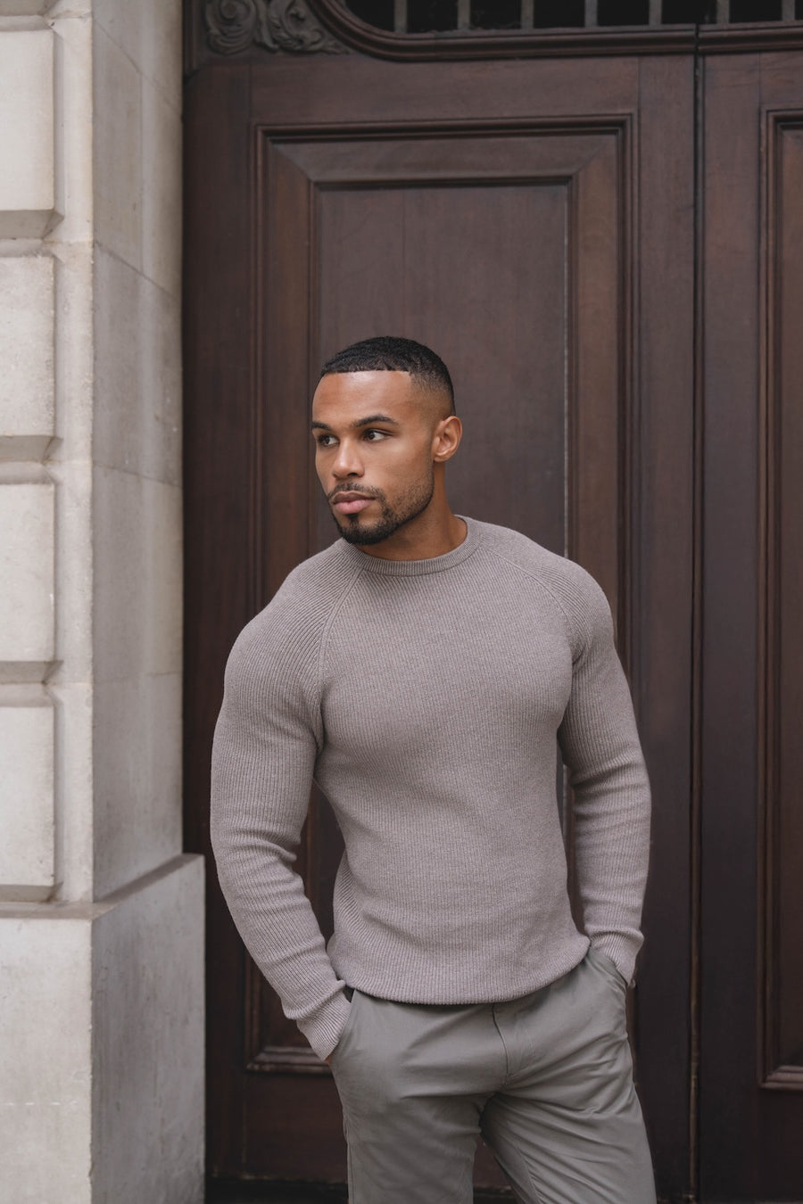 Pure Cotton Knitted Textured Crew Neck Sweater in Brown Marl - TAILORED ATHLETE - USA