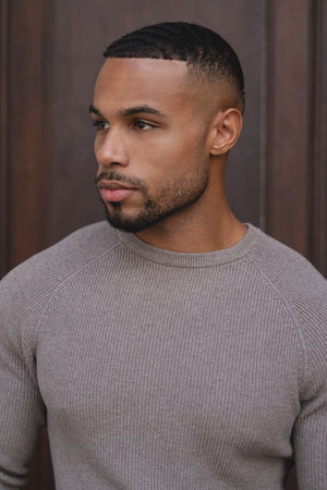 Pure Cotton Knitted Textured Crew Neck Sweater in Brown Marl - TAILORED ATHLETE - USA