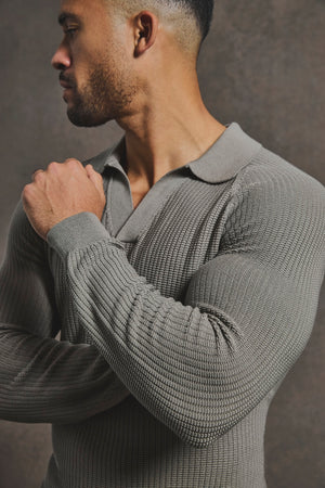 Cotton Textured Knitted Open Collar Polo Shirt in Mole - TAILORED ATHLETE - USA