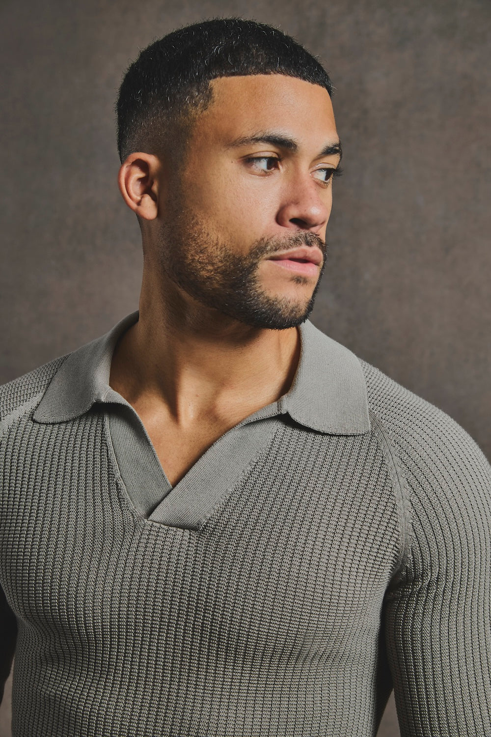 Cotton Textured Knitted Open Collar Polo Shirt in Mole - TAILORED ATHLETE - USA