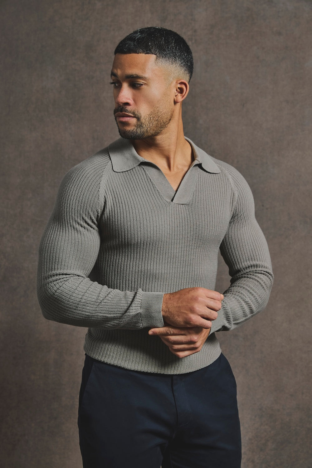Cotton Textured Knitted Open Collar Polo Shirt in Mole - TAILORED ATHLETE - USA