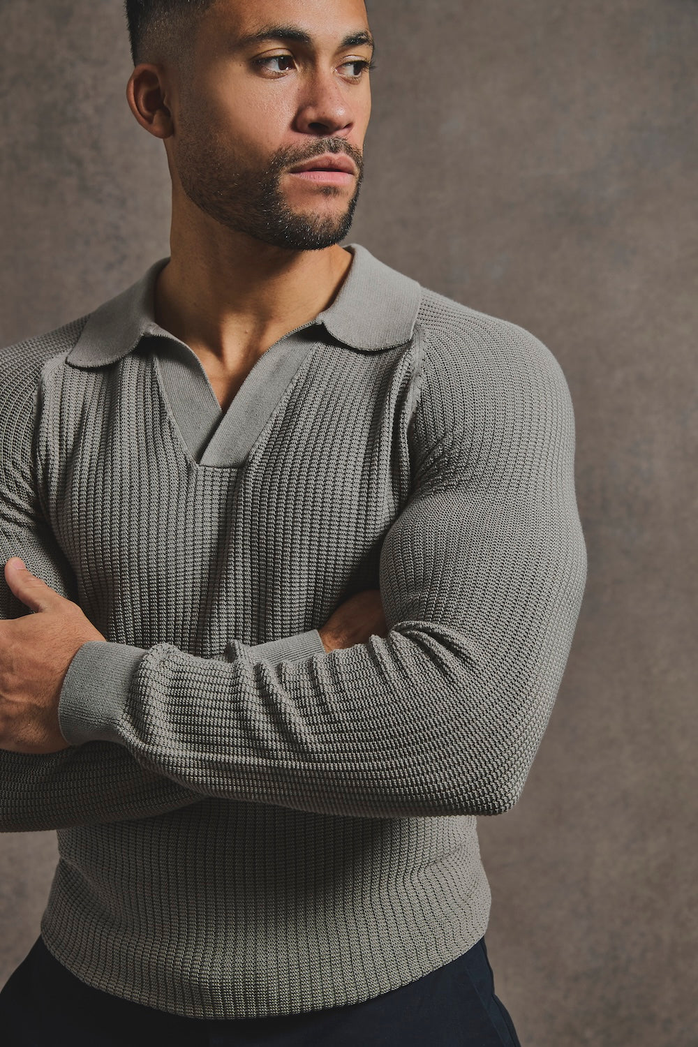 Cotton Textured Knitted Open Collar Polo Shirt in Mole - TAILORED ATHLETE - USA