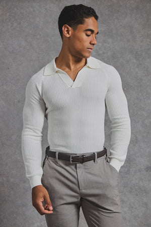 Cotton Textured Knitted Open Collar Polo Shirt in Winter White - TAILORED ATHLETE - USA