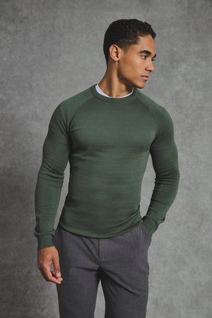 Pure Cotton Knitted Crew Neck Sweater in Khaki - TAILORED ATHLETE - USA