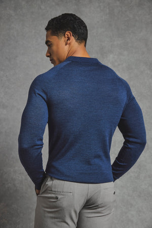 Extra Fine Merino Wool Open Collar Polo Shirt in Denim - TAILORED ATHLETE - USA